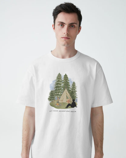 Camping Adventure - Unisex White Printed T-shirt