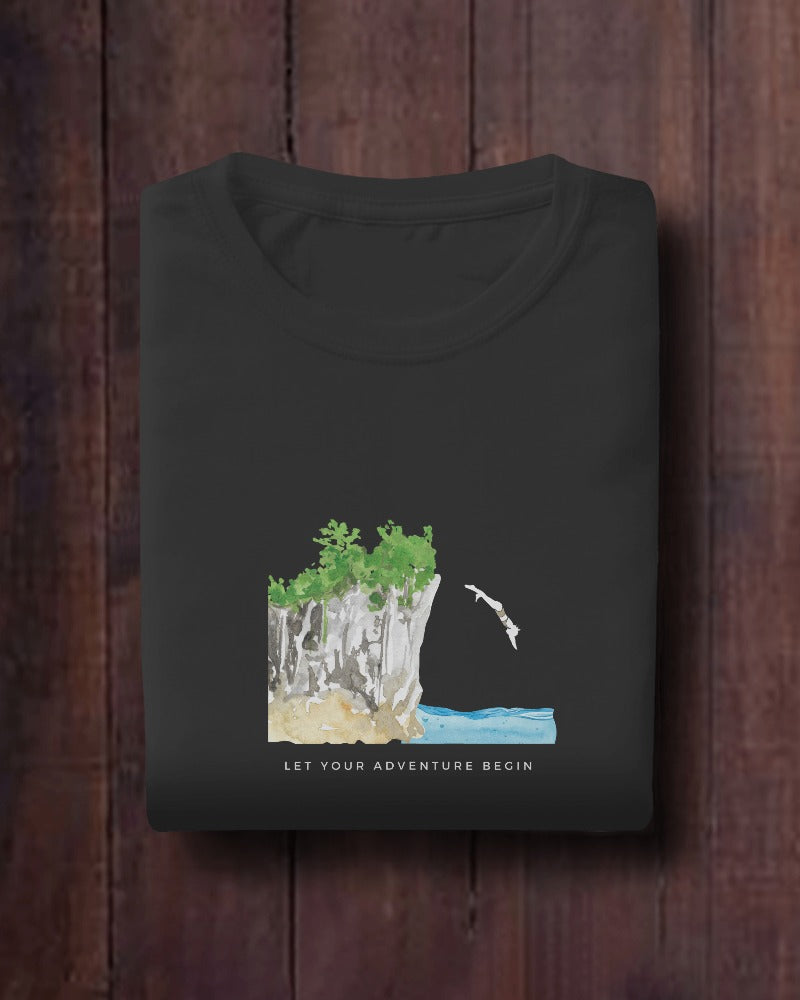 Cliff Dive - Unisex Black Printed T-shirt