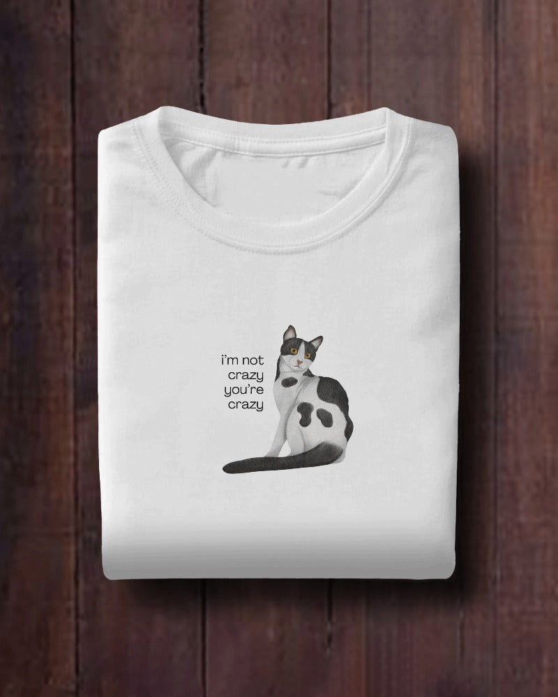 Crazy Cat - Unisex White Printed T-shirt
