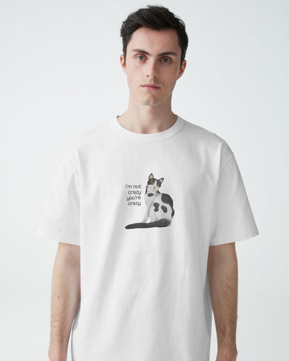 Crazy Cat - Unisex White Printed T-shirt